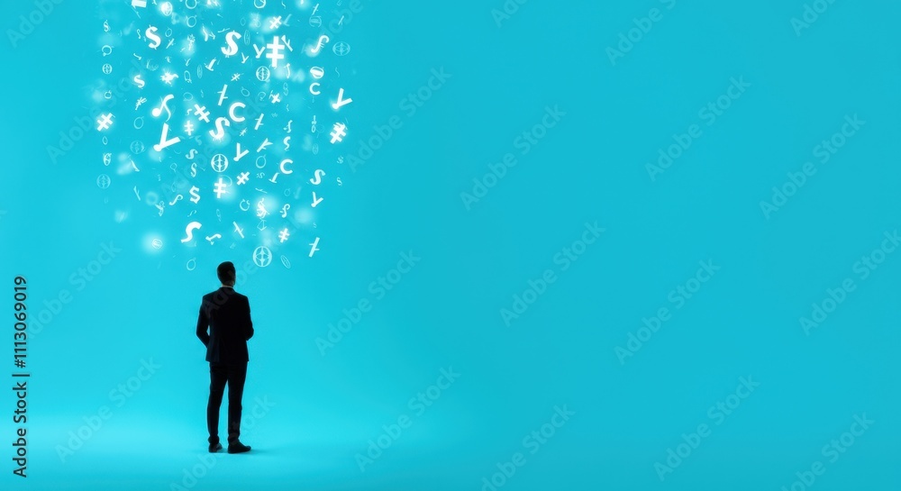 Silhouette of person in front floating symbols on blue background Silhouette of person in front floating symbols on blue background