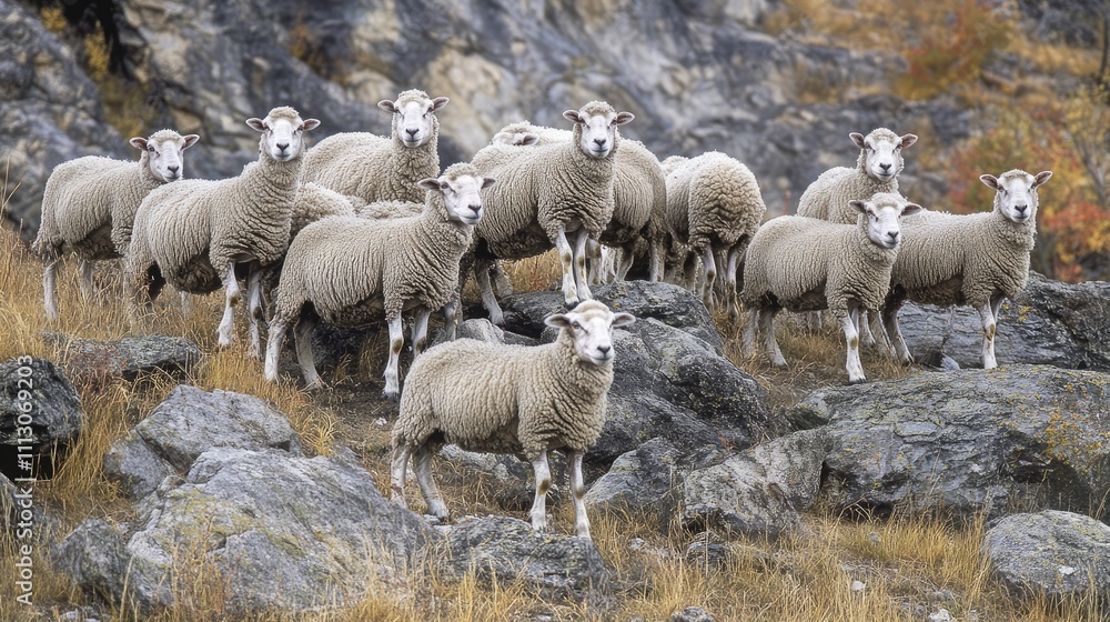 Group of Sheep Grazing on Rocky Terrain in Autumn Landscape Group of Sheep Grazing on Rocky Terrain in Autumn Landscape