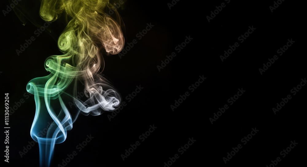 Colorful smoke swirls gracefully in dark air Colorful smoke swirls gracefully in dark air
