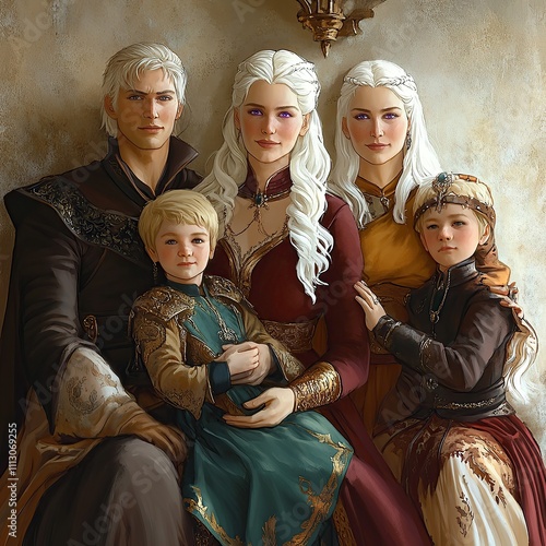 A family portrait of a king, queen, and their two children. photo