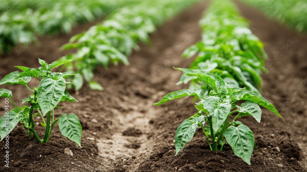 Green Pepper Plants Growing Rows in Fertile Soil Under Natural Light Green Pepper Plants Growing Rows in Fertile Soil Under Natural Light