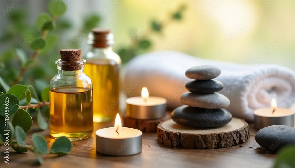 A tranquil spa scene featuring essential oils, calming candles, and smooth stones, ideal for relaxation and mindfulness. Fresh green leaves add a touch of nature and serenity to the ambiance.
A tranquil spa scene featuring essential oils, calming candles, and smooth stones, ideal for relaxation and mindfulness. Fresh green leaves add a touch of nature and serenity to the ambiance.