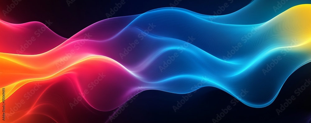 Naklejka premium Grainy gradient background blue yellow red abstract glowing color wave black backdrop glowing vibrant dark noise texture banner design