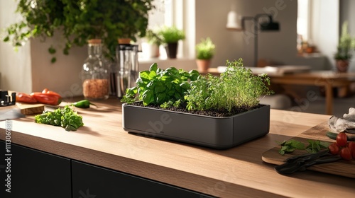 Fresh Herbs Growing Indoors in Modern Kitchen on Wooden Countertop