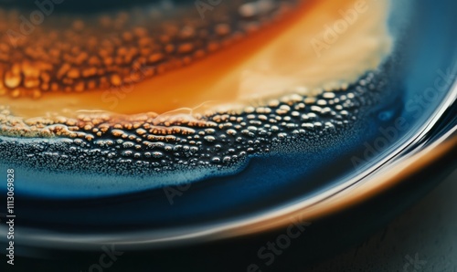 An upclose view of a handthrown plate displaying a mesmerizing blend of deep blue and warm amber glazes that create a stunning gradient effect. photo