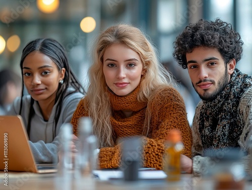 Three individuals seated around a table, center figure with long blonde hair and attentive expression, left individual with dark hair partially obscured, right individual with curly black hair smilin photo