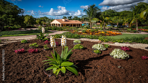 Orchids in a tropical garden, moisture visibly releasing from petals, blurred lush background, selective focus on foreground, copy space for text, ultra HD  photo