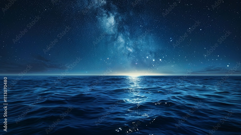 Starry Night Sky over a Tranquil, Dark Blue Ocean Starry Night Sky over a Tranquil, Dark Blue Ocean