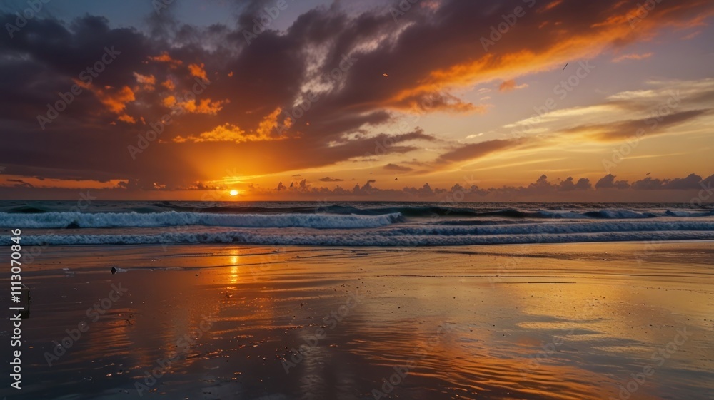 Dramatic sunset over the ocean beach with colorful clouds reflecting on the water. Dramatic sunset over the ocean beach with colorful clouds reflecting on the water.