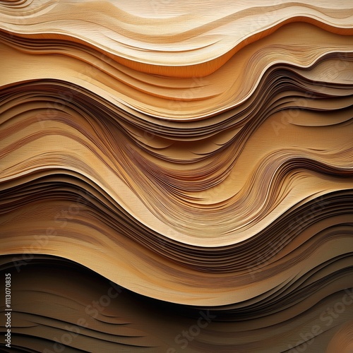 Abstract wood carving layers create dynamic wavy pattern. Layered wood grain design creates visual texture. Graphic background abstract image. Woodcut style art print. Unique art design. Ideal for photo