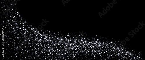 White stars and sparkles, magic star dust background, light effect with flares. Shiny silver particles, glowing shimmer. Holiday decoration. Vector illustration.