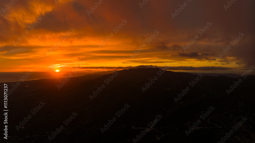 FEB 2024, Santa Barbara CA - sunset on Pacific Ocean from Drone view in Santa Barbara CA