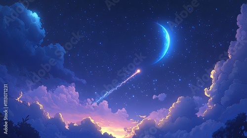 A crescent moon shines brightly in a starlit night sky above fluffy clouds