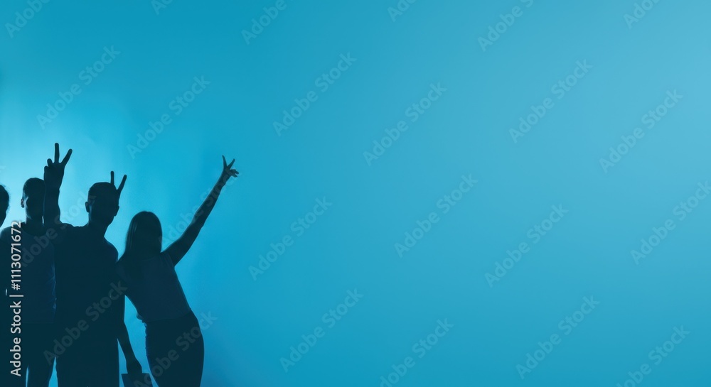Silhouetted group celebrating against blue gradient background Silhouetted group celebrating against blue gradient background