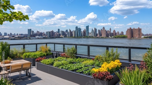 Urban Garden with City Skyline Overlooking River on Sunny Day