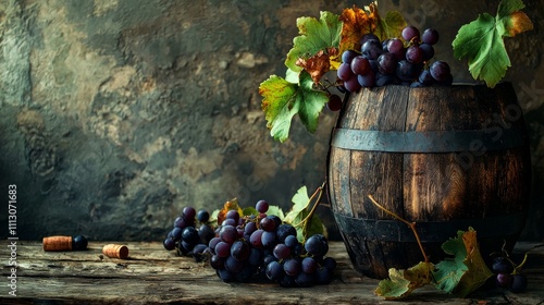 Rustic wooden barrel with fresh grapes and leaves in vintage setting photo