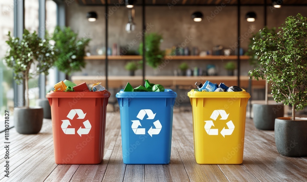 Four colorful recycling bins in a modern office space promote eco-friendly waste management and sustainability. Four colorful recycling bins in a modern office space promote eco-friendly waste management and sustainability.