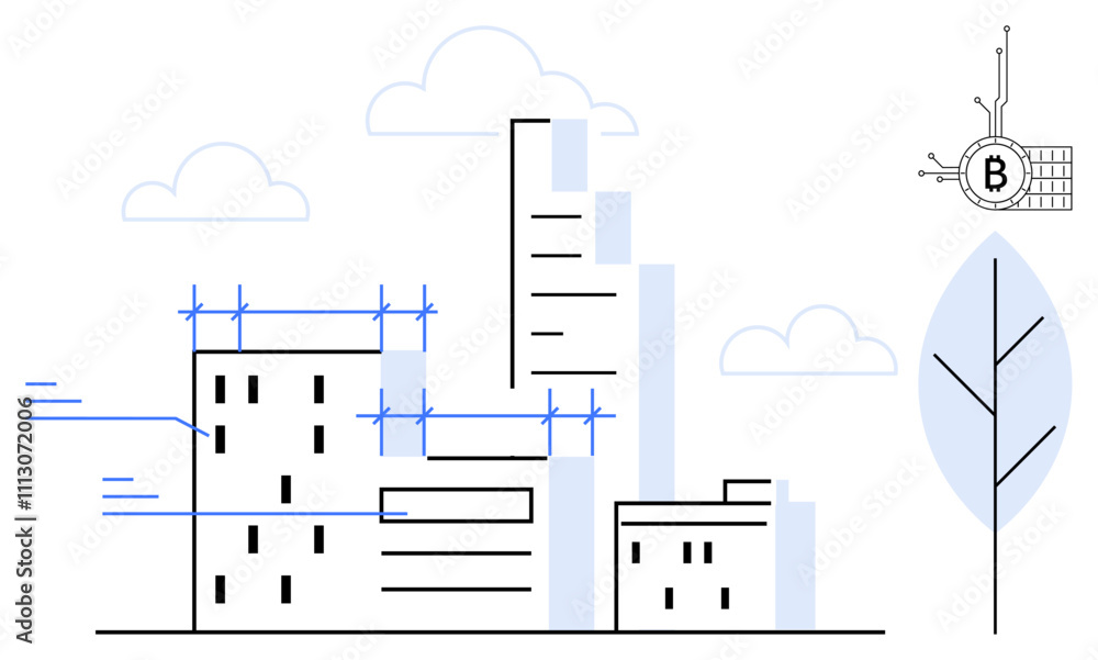 Modern city buildings under construction with cranes, a blockchain symbol, and a minimalistic tree. Ideal for urban development, construction, blockchain technology, eco-friendly cities, and digital Modern city buildings under construction with cranes, a blockchain symbol, and a minimalistic tree. Ideal for urban development, construction, blockchain technology, eco-friendly cities, and digital