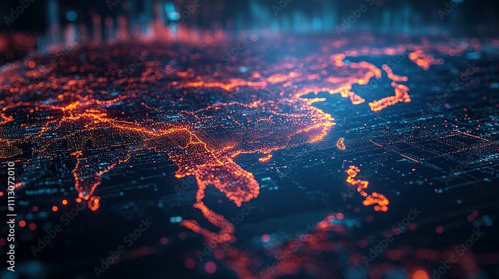 Abstract Digital Map Showing East Asia Illuminated Abstract Digital Map Showing East Asia Illuminated