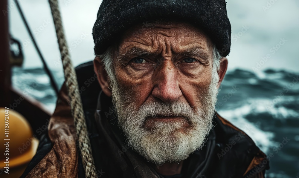 An elderly man with a weathered face and thick beard looks intently at the camera while on a boat. The stormy sea in the background adds to the sense of a life filled with maritime adventures An elderly man with a weathered face and thick beard looks intently at the camera while on a boat. The stormy sea in the background adds to the sense of a life filled with maritime adventures