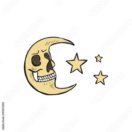Hand drawn sketchy crescent moon with skull face isolated on white background. Doodle skeleton head tattoo design