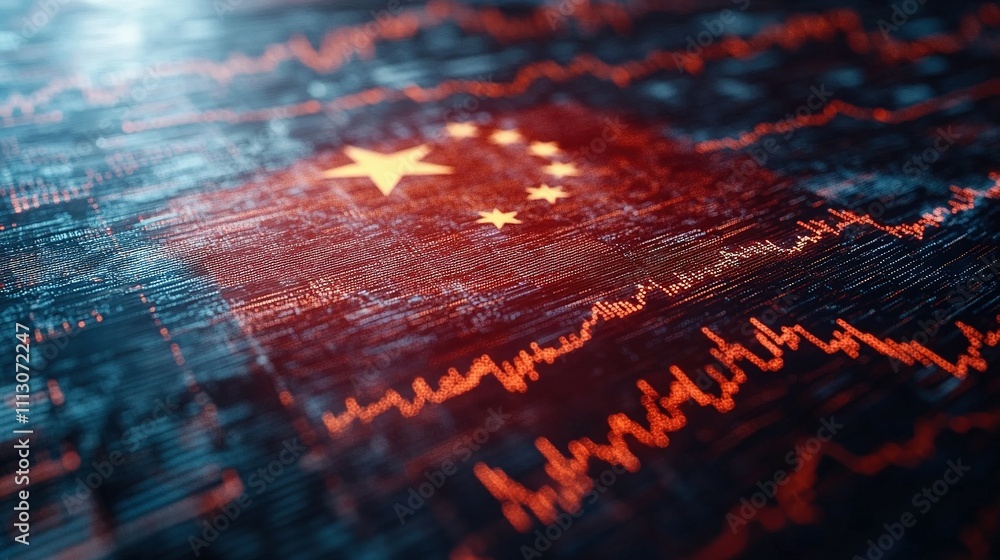 Chinese Flag Overlay on Financial Data Graphs