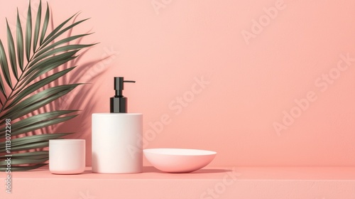 Minimalist bathroom set with pink background and tropical leaf photo