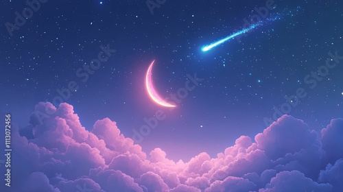 Pink Crescent Moon Night Sky With Shooting Star And Clouds