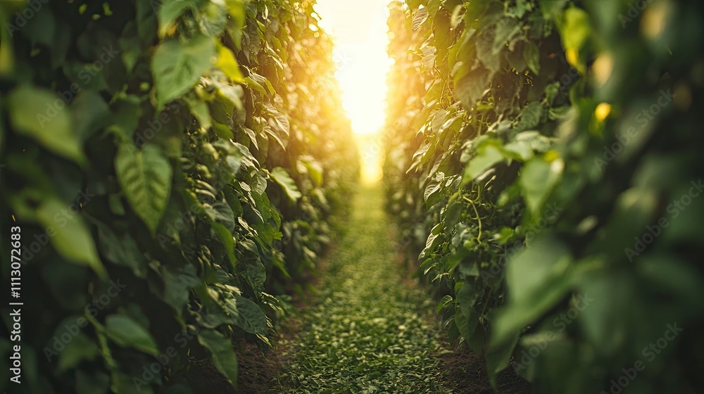 Fototapeta premium Serene Pathway Through Lush Green Fields at Sunset Glow