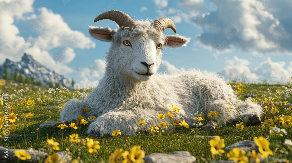 Fototapeta premium Relaxed Goat in a Meadow with Bright Flowers and Scenic Landscape