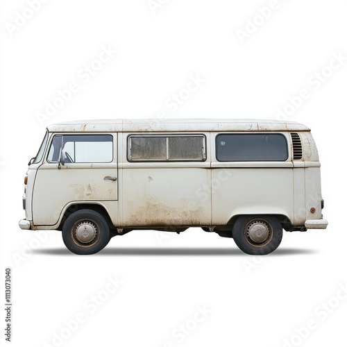 A vintage white van with a weathered exterior, showcasing a classic transport style.