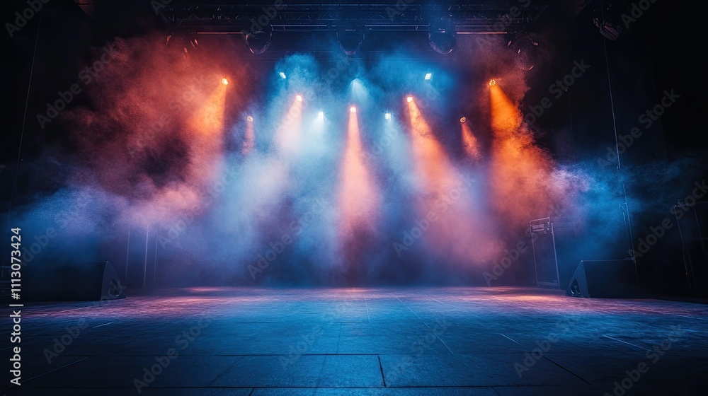 smoke and spotlights shining on an empty music stage. Background of the stage with copy space smoke and spotlights shining on an empty music stage. Background of the stage with copy space