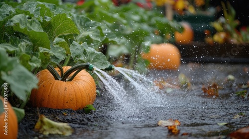 Watering Pumpkins in a Vegetable Garden During Rainy Season
