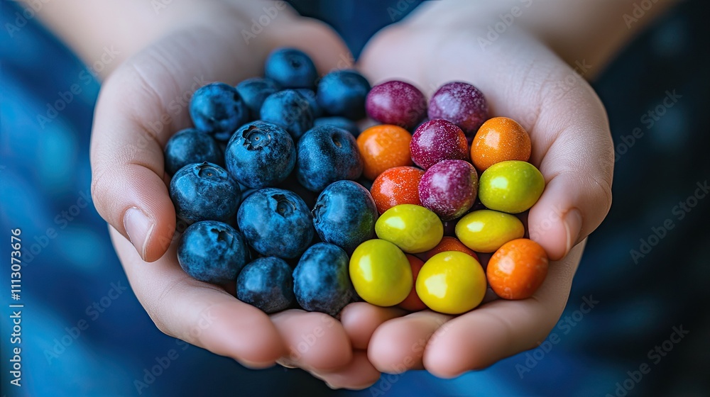 The decision between eating healthily and unhealthyly is symbolized by a close-up of one hand holding fresh blueberries and the other clutching vibrant candies The decision between eating healthily and unhealthyly is symbolized by a close-up of one hand holding fresh blueberries and the other clutching vibrant candies