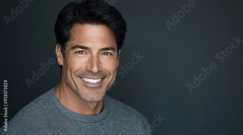 A handsome man with dark hair, smiling confidently at the camera in his gray sweater on a deep gray background. Radiant smile, creating a warm and welcoming overall atmosphere.