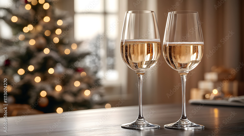 Cozy holiday toast with champagne and festive decor Cozy holiday toast with champagne and festive decor