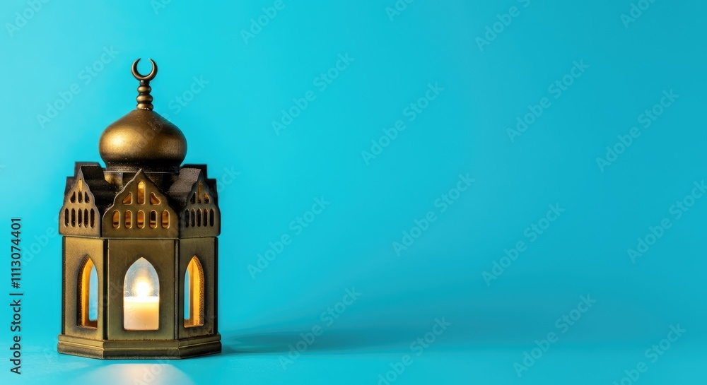 Fototapeta premium Small metal lantern with candle, blue background