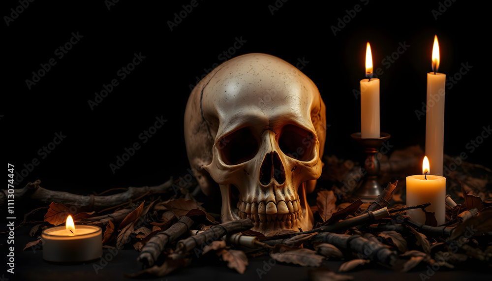 human skull, candles, dry leaves on dark background. magic esoteric ritual. Mysticism, divination, wicca, occultism, Witchcraft concept. symbol of samhain sabbat, Halloween isolated with white highl human skull, candles, dry leaves on dark background. magic esoteric ritual. Mysticism, divination, wicca, occultism, Witchcraft concept. symbol of samhain sabbat, Halloween isolated with white highl
