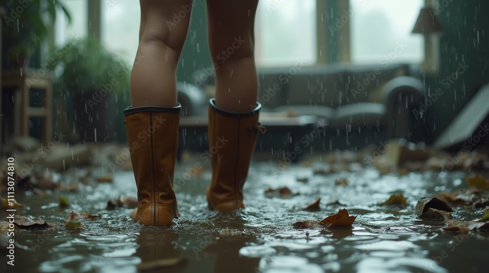 A woman in rubber boots stands in a flooded house. ai generative A woman in rubber boots stands in a flooded house. ai generative