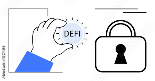 Hand holding a DEFI coin near a secure padlock. Ideal for financial technology, security, cryptocurrency, decentralized finance, fintech innovation, blockchain, digital security. Line metaphor