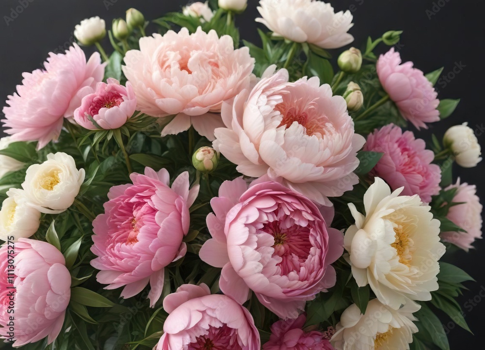 Lush peony bouquet with pink and cream-colored flowers, artistic, illustration