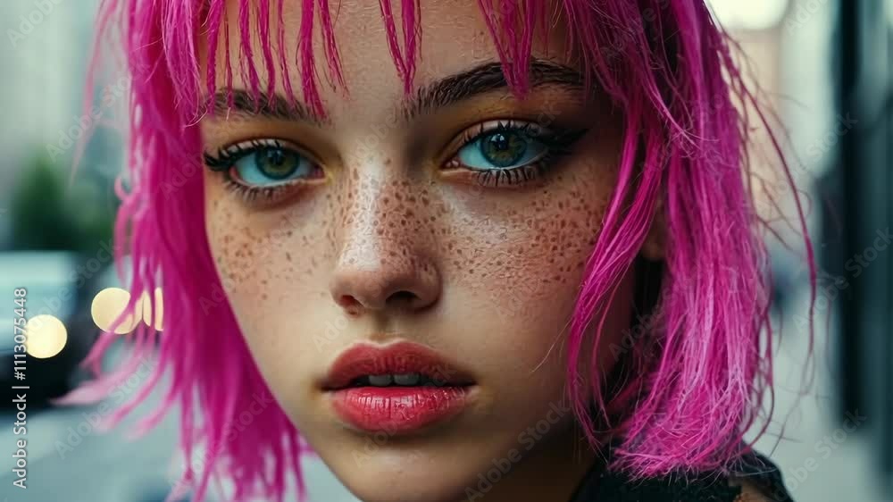 Young person with vibrant pink hair and striking freckles gazes thoughtfully into the distance on a city street Young person with vibrant pink hair and striking freckles gazes thoughtfully into the distance on a city street