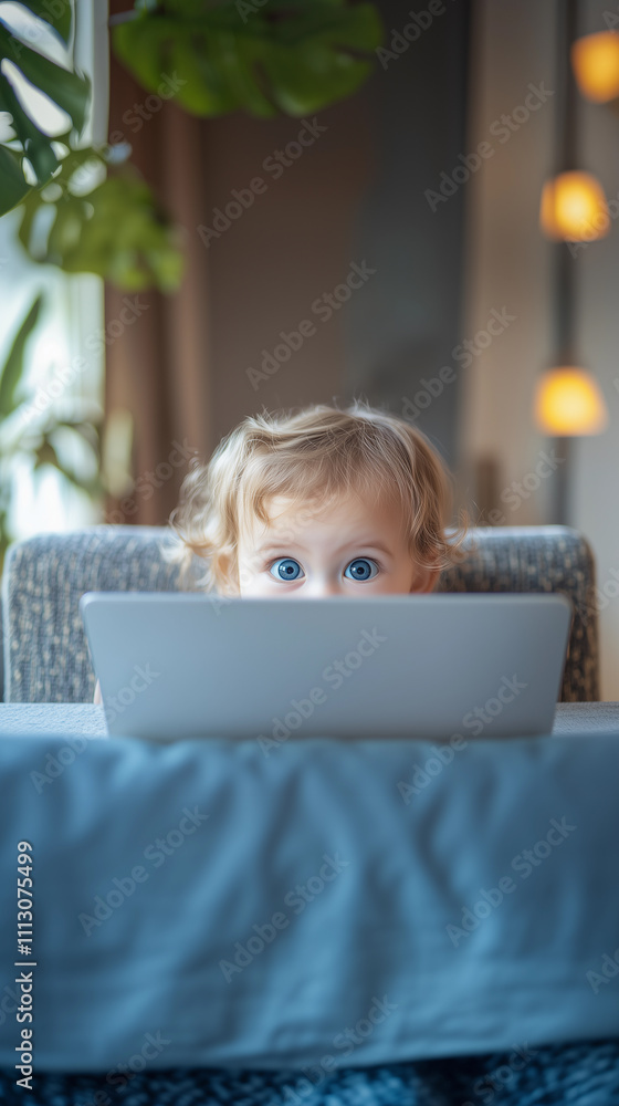 A mischievous blonde baby with blue eyes is hiding behind a laptop, playing and having fun with a notebook, showcasing the innocence and joy of childhood activities