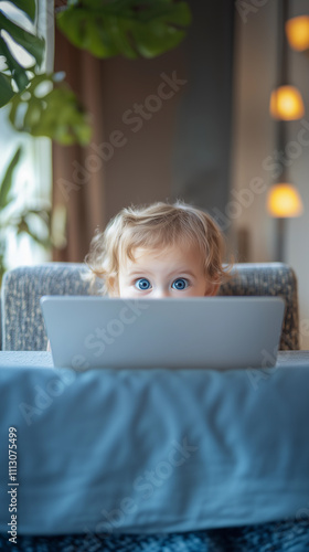 Obraz na płótnie A mischievous blonde baby with blue eyes is hiding behind a laptop, playing and having fun with a notebook, showcasing the innocence and joy of childhood activities w salonie
