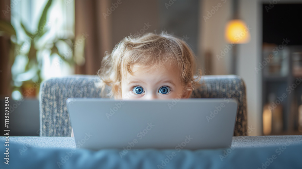 A mischievous blonde baby with blue eyes is hiding behind a laptop, playing and having fun with a notebook, showcasing the innocence and joy of childhood activities