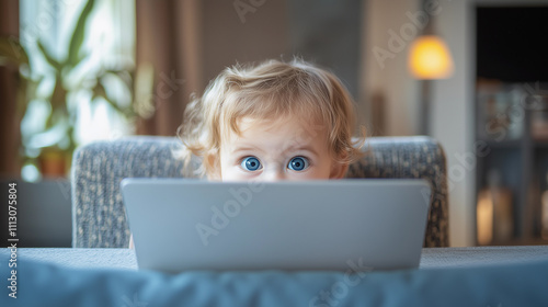 A mischievous blonde baby with blue eyes is hiding behind a laptop, playing and having fun with a notebook, showcasing the innocence and joy of childhood activities