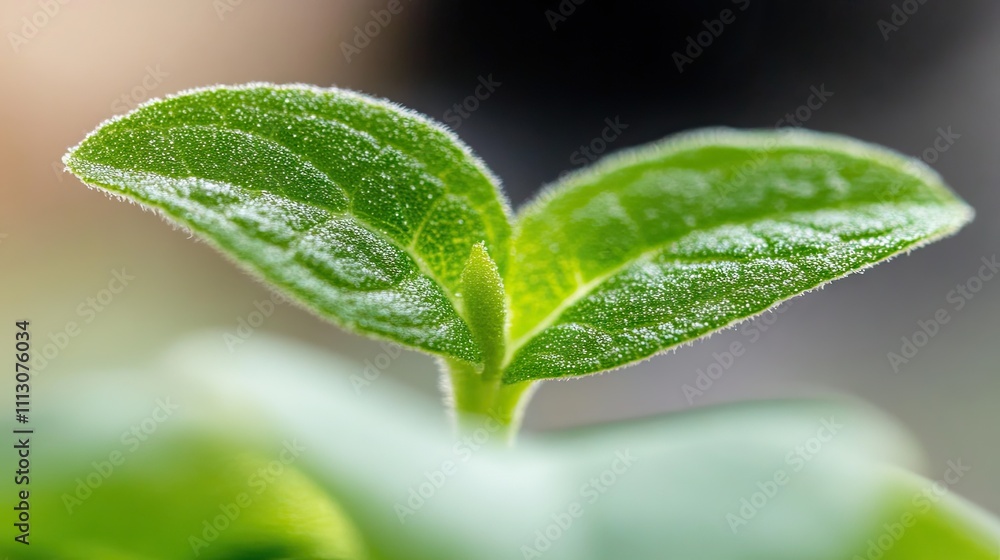 Fototapeta premium Close-Up of Fresh Green Plant Leaves with Dew in Natural Light