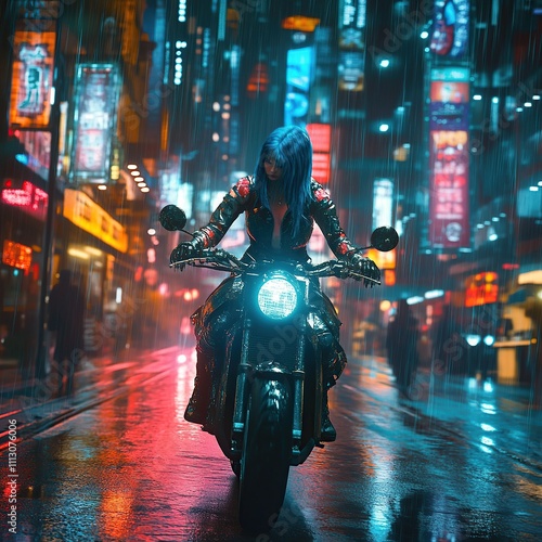 A woman in a leather jacket rides a motorcycle through a neon-lit city street at night. photo