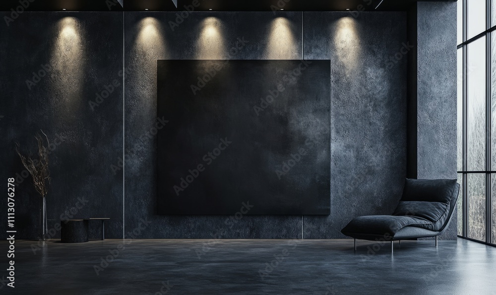 Black wall in minimalist gallery interior Black wall in minimalist gallery interior