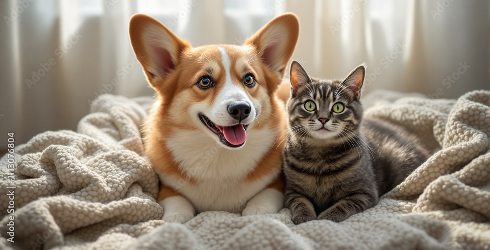 Adorable Corgi and Playful Cat Snuggling Together on Cozy Blanket Adorable Corgi and Playful Cat Snuggling Together on Cozy Blanket